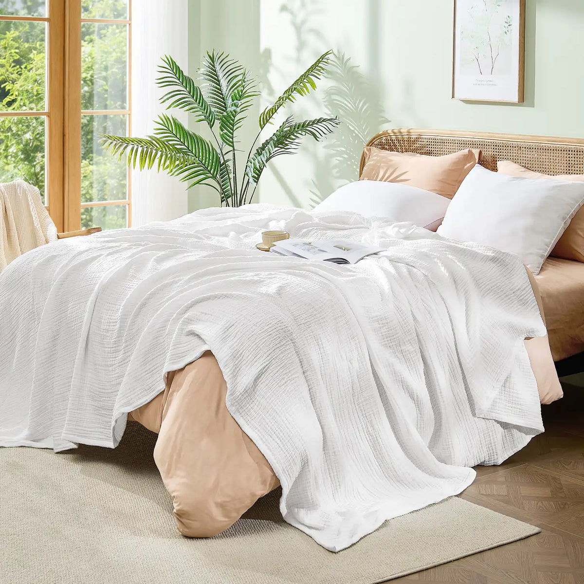 Crisp Percale Cotton Muslin Throw Blanket – 4-Layer Breathable Gauze