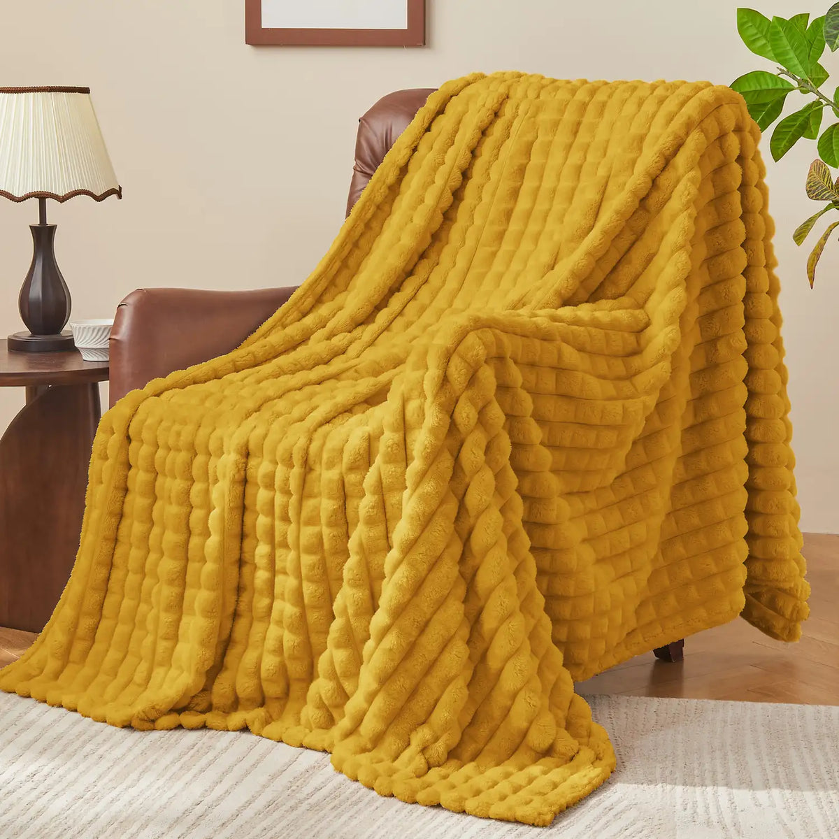 Textured Ribbed Checkered Fleece Throw Blanket – 3D Plush