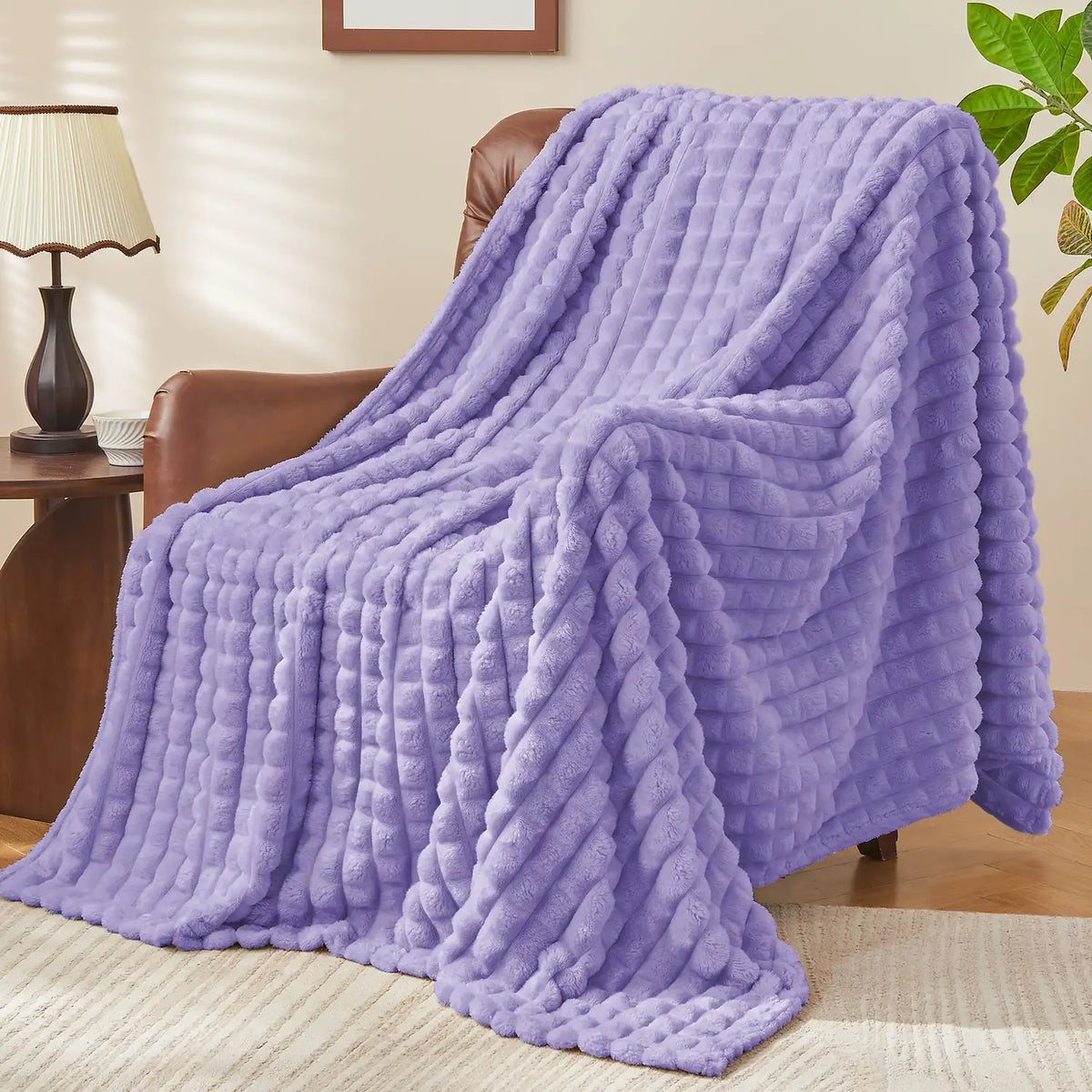 Textured Ribbed Checkered Fleece Throw Blanket – 3D Plush