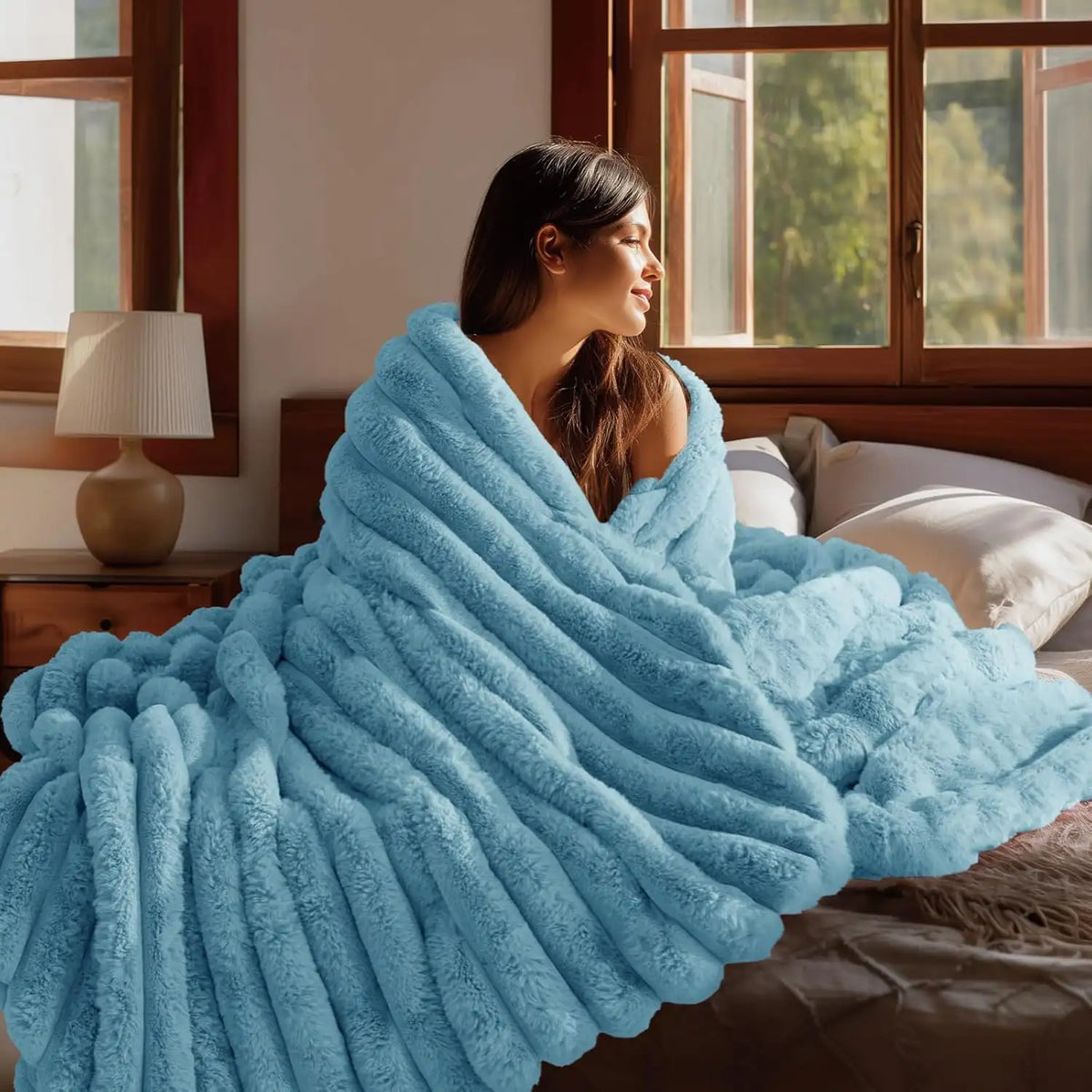 Textured Ribbed Faux Fur Throw Blanket – 770GSM Thick Plush